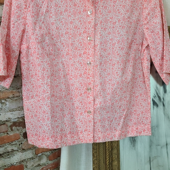 Vintage 1960s 1970s Pink Floral Button Up Blouse Short Sleeve Summer Shirt - Picture 7 of 9